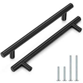 Probrico 10 Pack|Flat Black Euro T Bar Cabinet Handles Stainless Steel Hardware Cupboard Pull Kitchen Cabinet Handles Dresser Pulls- 7-9/16" Hole Centers