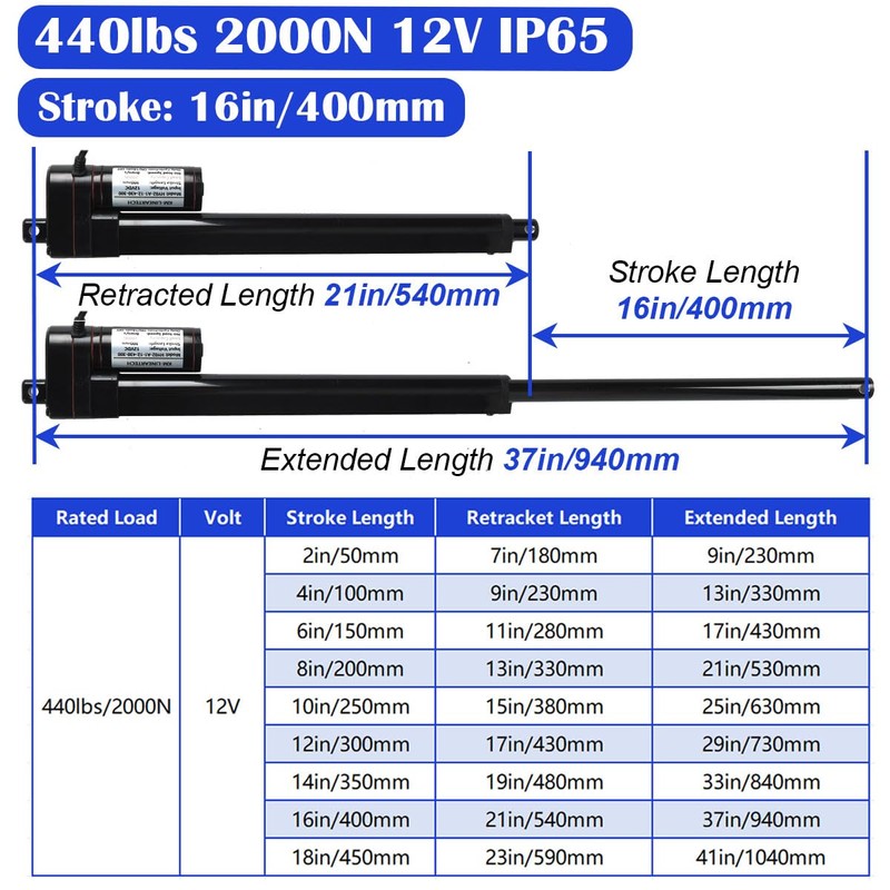 KM-LINEARTECH 16" 440lbs 12V Electric Linear Actuator Motor 16 inch