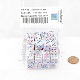 Pop Art Festive Dice with Blue Pips 12mm (1/2in) D6 Pack of 50 Wondertrail