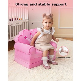 MOONBEEKI Kids Couch Fold Out, Foldable Princess Chair for Toddlers 1-3, Sofa Bed for Kids Folding Toddler Bed Lounger Chair for Bedroom （Pink）