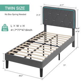 VECELO Upholstered Twin Bed Frame with Headboard Adjustable, Velvet Platform Bed with LED Lights, Charging Station, Mattress Foundation with Wooden Slats, Noise Free, No Box Spring Needed, Dark Grey