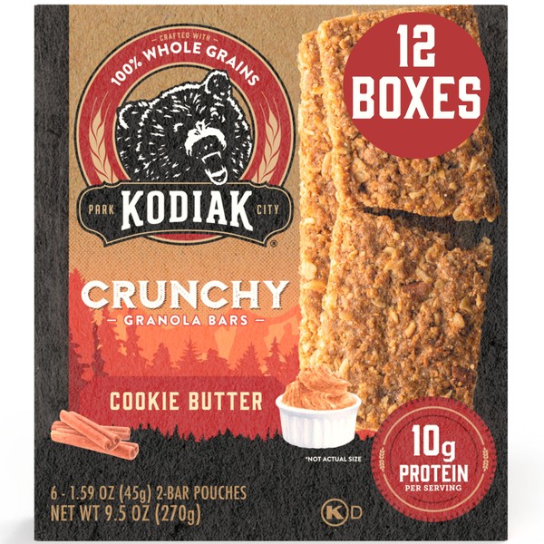Kodiak Cakes Crunchy Granola Snack Bars, Cookie Butter, High Protein, 100% Whole Grains, 12 boxes with 6 pouches (144 bars)