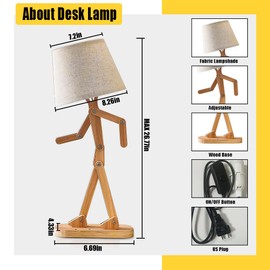 Cute DIY Bedside Table Lamp with Wood Adjustable Arms and Legs,Desktop Lamp for Bedroom,Study,Dormitories,Living Room,Kids'Room,Reading Lamps,Need E12 Bulb,Home Decoration Swing Arm Nightstand Lamp