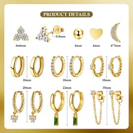 Dochais 10 Pairs Hoop Earrings Set, Mini Hoop Earrings, Gold, Hypoallergenic Earrings, Pendant for Earrings, Gold Hoop Earrings, Stud Earrings Set, Earrings with Chain, Earrings Gold Hoop Earrings,