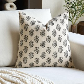 FIOUOVO Floral Vintage Throw Pillow Covers 24x24 Pillow Cover Block Print Decorative Cushion Covers Farmhouse Neutral Accent Home Décor for Sofa Couch Living Room Bedroom, 1PC, Charcoal Black
