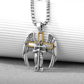 St. Michael Pendant for Men - 925 Sterling Silver Cross Archangel Necklace - Saint Michael the Archangel Jewelry - Catholic Gift for Him - 22+2" Chain
