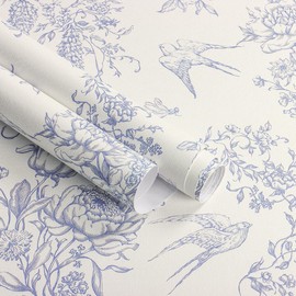 Froluya Blue and Cream White Floral Peel and Stick Wallpaper Vintage Birds Wallpaper 16.9"x118.1" Floral Removable Contact Paper Blue Flowers Self Adhesive Wall Paper for Bathroom Bedroom Decorative