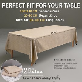 Pack of 2 Linen Look Rectangular Tablecloths 100 x 140 cm - Anti-Jointing Washable Tablecloths for Rectangular Tables, Rustic Table Covers for Home, Party, Wedding, Banquet (Natural)