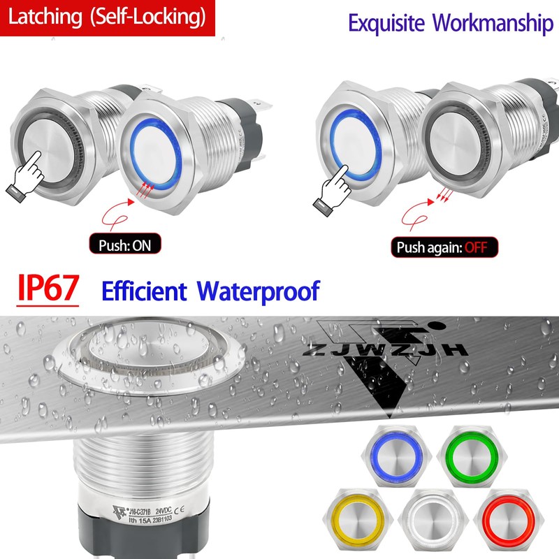 15Amp 16mm Latching Push Button Switch 5/8" Waterproof IP67 110V