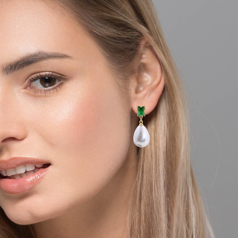 Pearl Drop Earrings with Emerald Green Crystal, 18K Gold Plated,