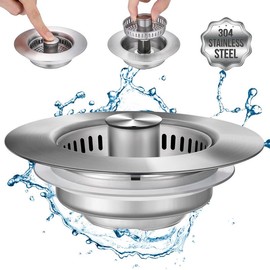 3 in 1 Kitchen Sink Drain Strainer Kitchen Gadgets, Stainless Steel Sink Stopper Kitchen Accessories, Anti-clogging Drainage Odor Filter Sink Plug for US Standard 3 1/2 Inch Drain - Color: Silver, Specification: 1 Count