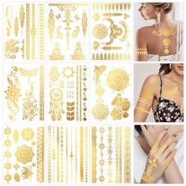 GZDMFS 9 Hojas de Tatuajes Metálicos Temporales - Diseños Elegantes de Flores y Elefantes - Tatuajes Dorados para Mujeres y Niñas - Accesorios para Fiestas, Maquillaje, Cosplay y Festivales (Oro)