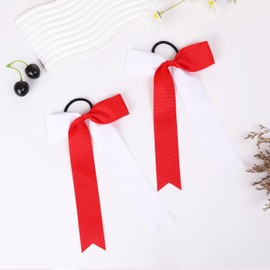 Hipcheer 20pcs Collegiate Style Cheer Bows for Girls, Long Tail Skinny Cheer Bow Ponytail Holder Handmade Bows for Girls Teens Softball Cheerleader Sports (Red White)