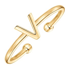 PAVOI 14K Yellow Gold Plated Initial Adjustable Ring | Womens Initial Ring | Fasion Ring Women | V Initial Ring