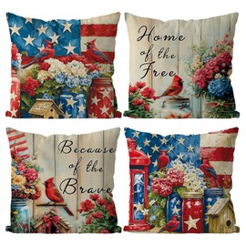 QIONG MENG 4th of July Pillow Covers 20x20 Inch Set of 4 Cardinal Floral Patriotic Throw Pillowcase Independence Memorial Day Cushion Case for Home Sofa Farmhouse Decorations