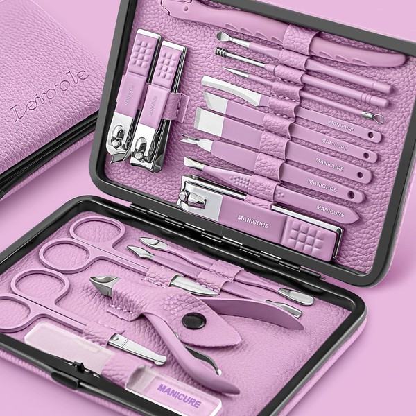 Leipple Manicure Set, Professional Nail Clippers Kit, Pedicure Kit, 18 Pieces, Care Set, Stainless Steel, Nail Care Tools with Luxury Leather Travel Bag (Purple)