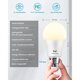 WOWLUMEN A19 LED Light Bulb,9W E26 Light Bulbs(60 Watt/80 Watt Equivalent),3500K Soft White,Non-Dimmable,800LM Standard Base for Bedroom, Kitchen, Living Room, Office,UL Listed,16 Packs