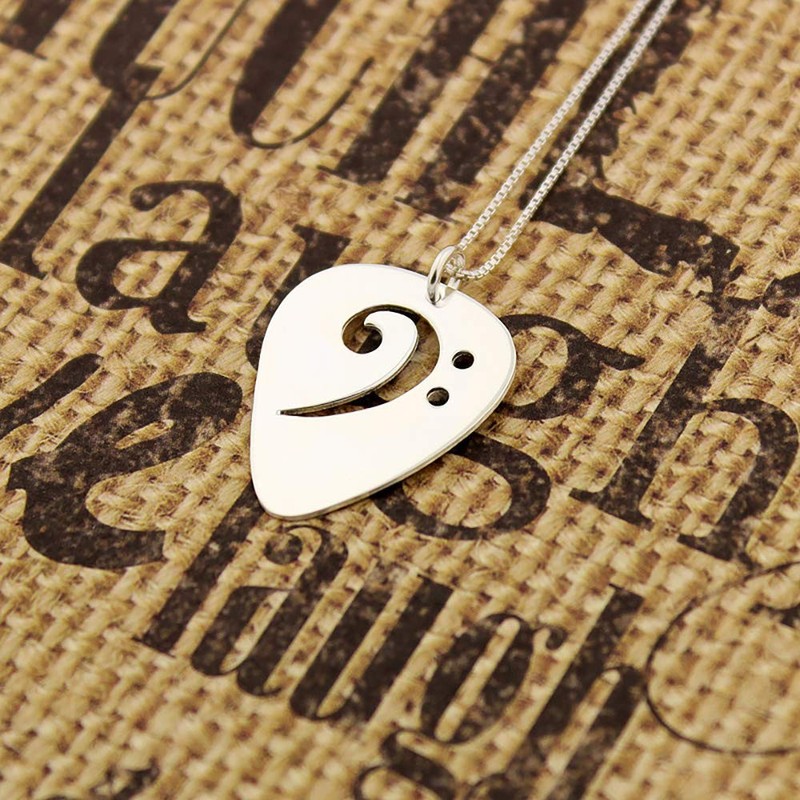 Guitar pick necklace sterling silver bass clef F clef necklace