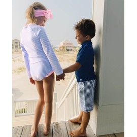 RuffleButts® Girls Long Sleeve One Piece Swimsuit - Periwinkle Blue Seersucker with UPF 50+ Sun Protection - 2T
