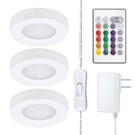 Birch Lighting Under Cabinet LED Puck Lighting Kit with 3 RGB Multicolor LED Puck Lights, Remote, On/Off Switch & Plug in 333310
