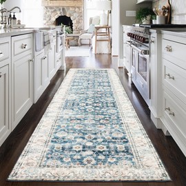 nusoarug Machine Washable Runner Rug, 2x8 FT Non Slip Runners for Hallways with TPR Rubber Backing, Boho Area Rug Carpet Runner for Indoor Entryway Kitchen Laundry Bedroom - Faux Wool, Floral Azure