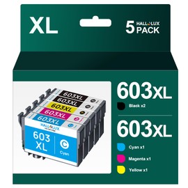 HALLOLUX 603 XL Ink Compatible for Epson 603XL for Workforce WF-2810dwf 2830dwf 2835dwf 2850dwf XP-3100 XP-4100 XP-2100 XP-2105 XP-3105 XP-4105 Multifunction printer(Black Cyan Magenta Yellow, 5-Pack)