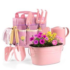 8Pcs Kids Gardening Set with Metal Basket & Real Metal Tools, STEM Outdoor Exploration Kit, Ergonomic Wooden Handles, 3 Shovels, Rake, Watering Can, Gloves, Toy Gift for Toddler Boys Girls