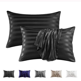 MR&HM Satin Pillowcase for Hair and Skin, Silk Satin Pillowcase 2 Pack, Standard Size Pillow Cases Set of 2, Silky Pillow Cover with Envelope Closure (20x26, Black Striped)