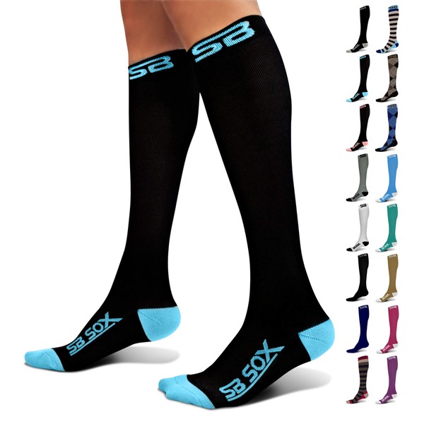 SB SOX Compression Socks (20-30mmHg) for Men & Women – Best Compression Socks for All Day Wear, Better Blood Flow, Swelling! (X-Large, Black/Blue)