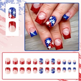 24Pcs 4th of July Short Square Fake Nails Independence Day Press on Nails American Flags Star Full Cover Stick on Nails Red Blue Glitter French Glue on Nails Glossy Artificial Nails for Women Girls