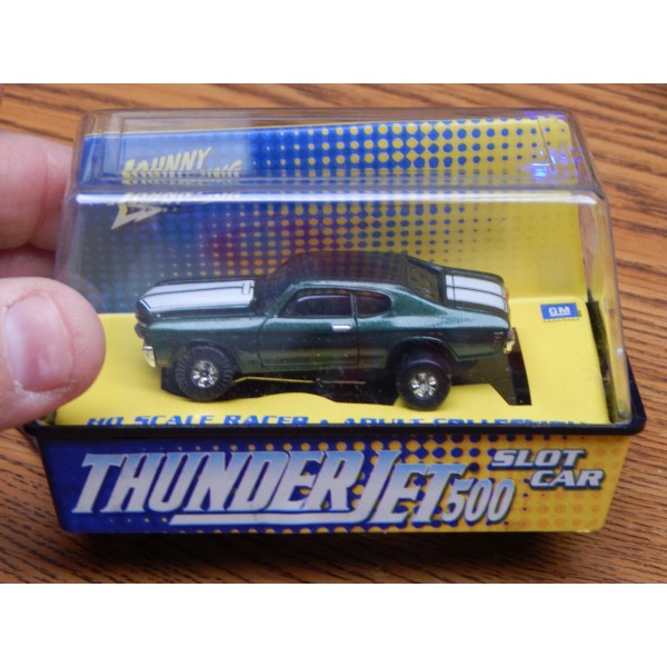 JOHNNY LIGHTNING CHEVY CHEVELLE SLOT CAR IN GREEN/WHITE STRIPES NIB