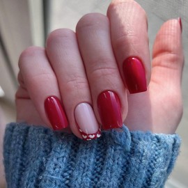 Valentines Day Press on Nails Heart Fake Nails French Tip Glue on Nails with Designs Wine Red Acrylic Nails Short Square Full Cover False Nails Valentine Stick on Nails for Women Girls 24Pcs