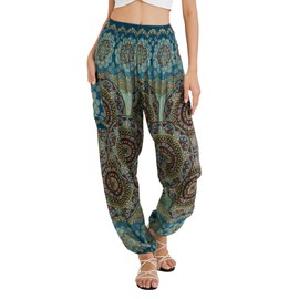 Joob Joob Boho Pants for Women - Flowy Loose Harem Hippie Pants - Casual Yoga Bohemian Joggers Comfy Lounge Pajamas Light Blue Medium