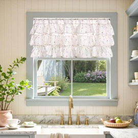 Jinchan - Cenefa con volantes para ventanas de 18 pulgadas, mini pompones de gasa con pompones semitransparentes para ventanas de cocina, recámara, sala de estar, bolsillo para barra, 1 panel de rubor
