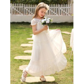 Abaowedding Vintage Flower Girl Dress for Wedding Lace Backless Girls First Communion Dresses Size 8,White