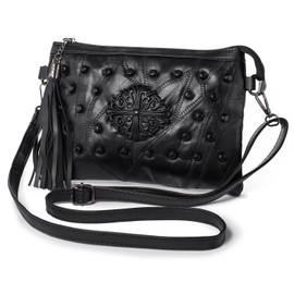Kleine Umhängetasche Handtasche für Damen Quaste Nieten Clutch Abendtasche Weich Leder Schwarz