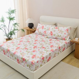 Full Size Bed Sheets Set Deep Pockets - 6PC Floral Ultra Soft Microfiber Bed Sheets - Easy to Clean, 90 Thread Count Sheets Includes 1 Fitted, 1 Flat, 2 Pillowcases (Pink/Green Floral)
