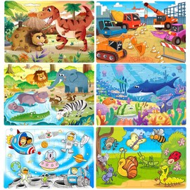 Wooden Puzzles for Kids Ages 3-5, 24 Piece Colorful Learning Toys for Toddler Children - Educational for Boys and Girls (6 Puzzles)