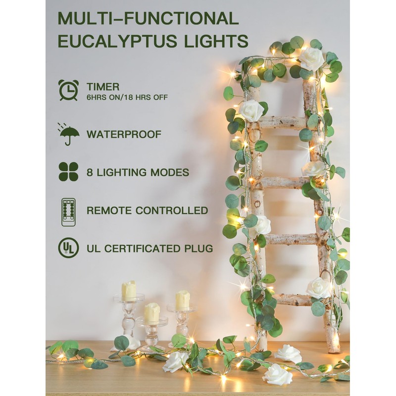 suddus Vines with Lights Plug in, 33ft 100 LED Eucalyptus