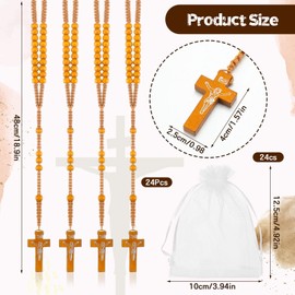 Tenceur 24 Pcs Wooden Rosary Bead Necklace Catholic Rosary Wood Carved Beads with Jesus Cross First Communion Rosary Bulk with Organza Bags Baptism Favors Catholic Gift for Men Women