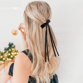 VOBOBE 2PCS Hair Bows for Women Girls, Tassel Ribbon Bowknot Hair Clips Barrettes for Girl with Small Long Tail Solid Satin Hair Accessories (Black-Glitter)