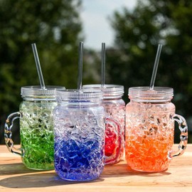 Lily's Home Double Wall Gel-Filled Acrylic Freezer Mason Jar Mugs with Lids and Straws, Great as Old Fashion Drinking Glasses at BBQs and Parties, Assorted Colors (18 oz. Each, Set of 4)