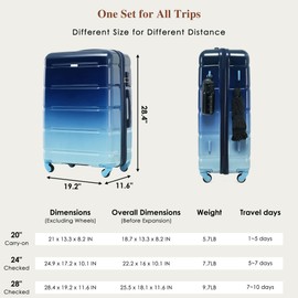 P PURLOVE Luggage Sets 3 Piece,ABS+PC Hard Shell Luggage with Spinner Wheels,Airline Certified Carry-on Luggage with and Cup Holder,20/24/28 Inch,Blue