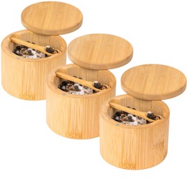 Fibogollo Bamboo Salt Cellar (3 pack),Salt Box with Built-in Spoon,Spice Container Holder with Swivel Magnetic Lid