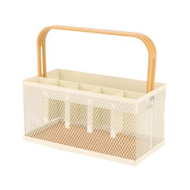 AJIODA Utensil Caddy Metal Mesh Silverware Cutlery Organizer Basket with Bamboo Handle, Multi-Purpose Steel Wire Caddy 6 Compartment Flatware Basket for Kitchen, Countertop, Picnic, Restaurant, White