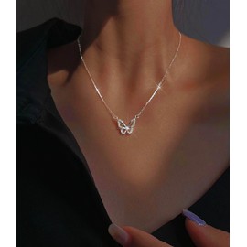KristLand Silver Butterfly Pendant Necklaces 925 Sterling Silver Adjustable Chain Necklace with Sparkly Cubic Zirconia Holiday Birthday Gifts for Women Ladies Girls