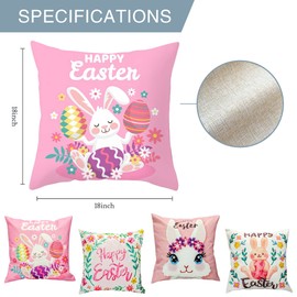 Easter Throw Pillow Covers Set of 4 18x18 Bunny Egges Pink Easter Decorations for Spring Farmhouse Home Outdoor Decorative Pillow Cases