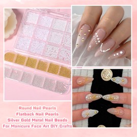 Flat Back Nail Pearls for Nails Art, Silver Gold Round Metal Caviar Beads Nail Gems, White Round Pearl Half Pearl for Crafting, Small Beads Nail Charms for Nail Art Jewels DIY Supplies