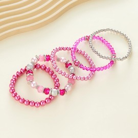 Noessla Beaded Pearl Stretch Bracelet Silver Stackable Crystal Beads Bracelets Trendy Costume Jewelry Mothers Day Gifts for Women(Hot pink)