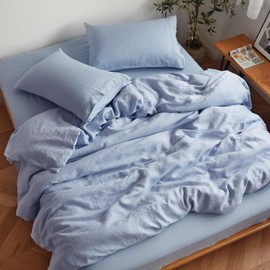 Sijo Stone Washed Organic French Linen Bed Sheet Set, GOTS Certified Organic, Best Cooling Linen Sheet Award by Sleep Foundation, 3 Piece - 2 Pillowcases and 1 Fitted Sheet (Sky, Queen)